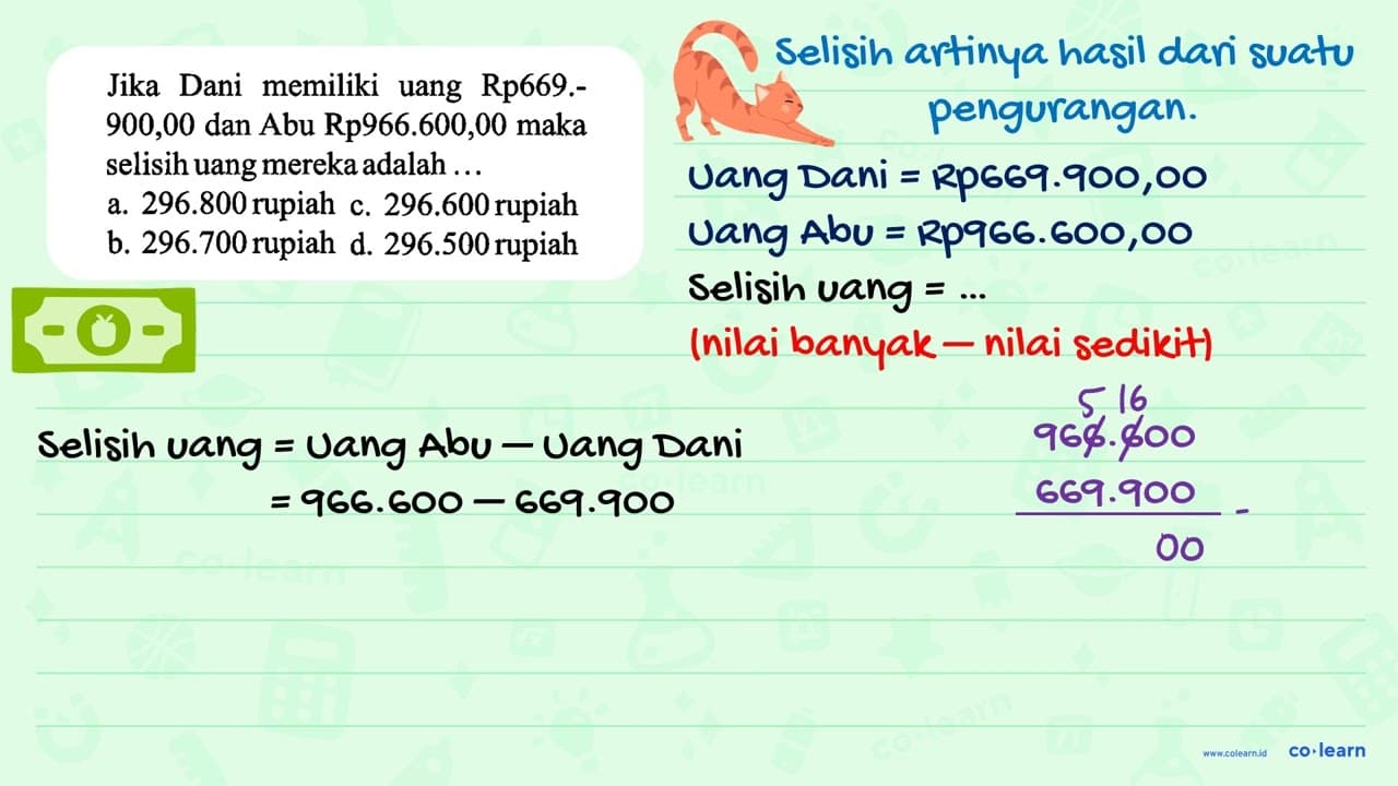 Jika Dani memiliki uang Rp669.900,00 dan Abu Rp966.600,00