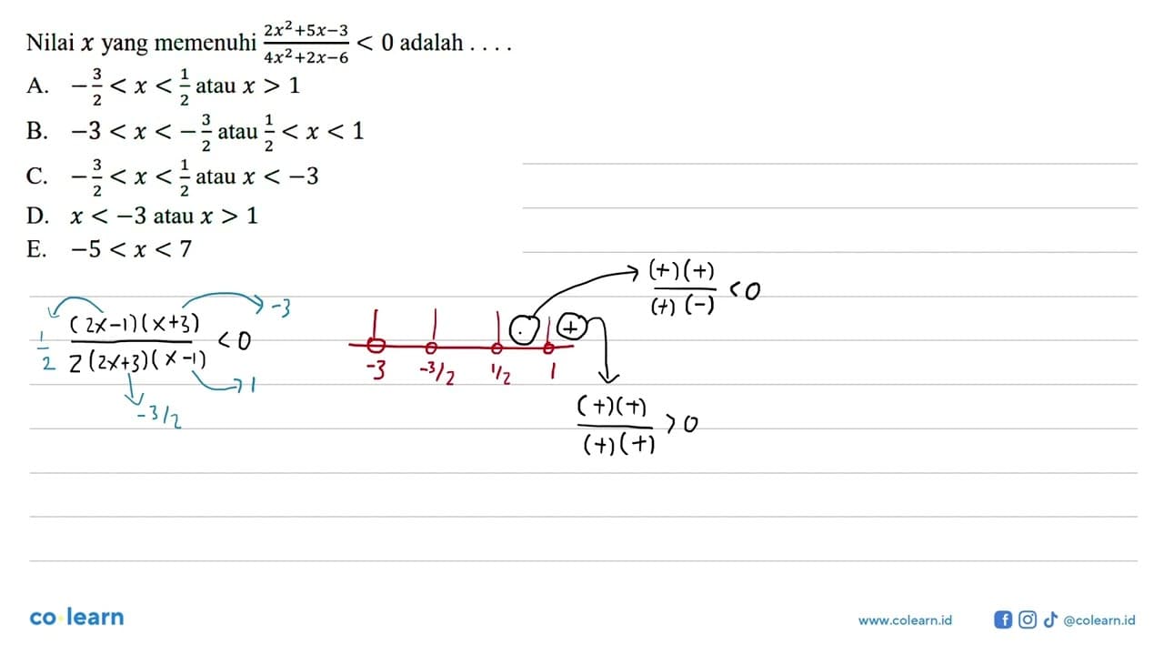 Nilai x yang memenuhi (2x^2+5x-3)/(4x^2+2x-6)<0 adalah