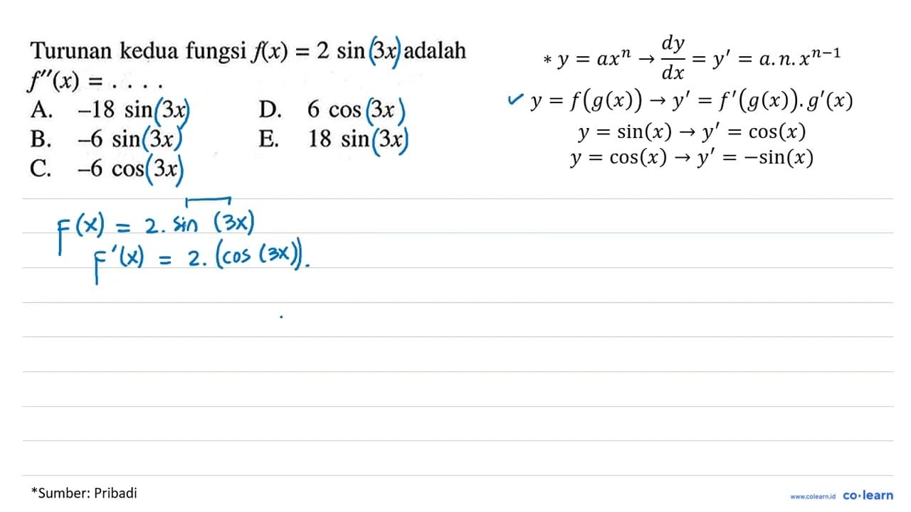 Turunan kedua fungsi f(x)=2 sin 3x adalah f"(x)= ...