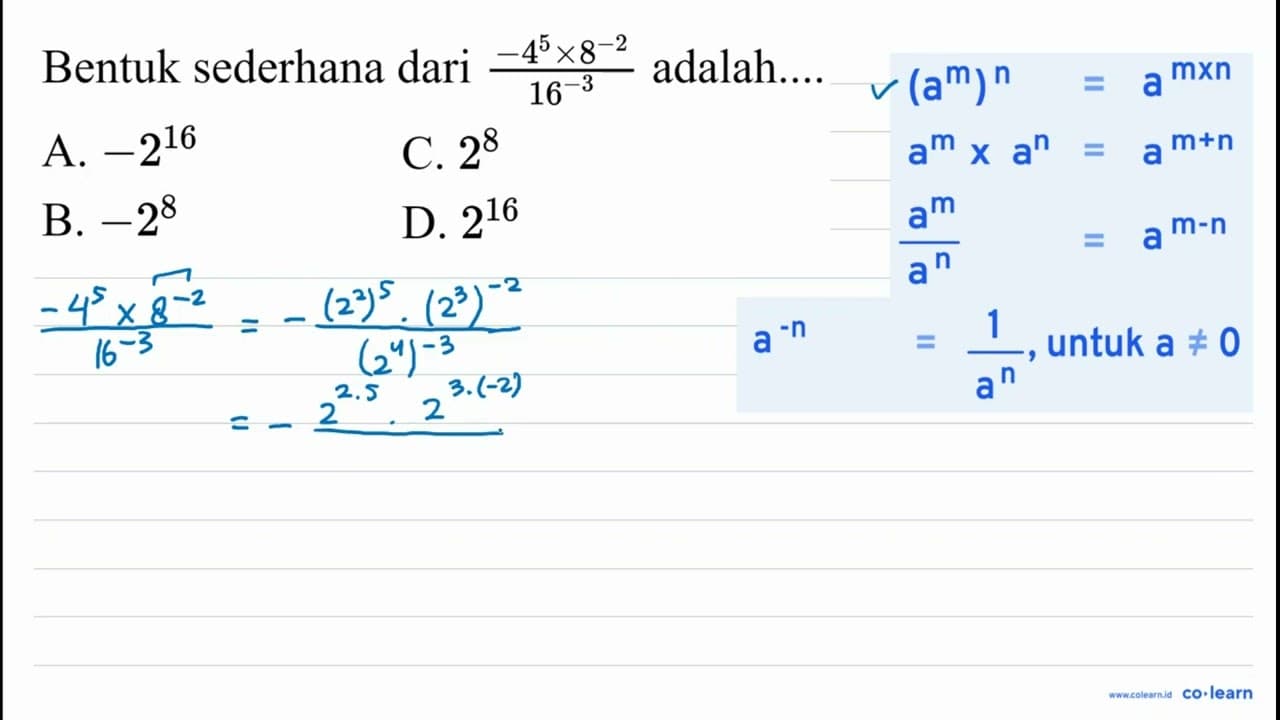 Bentuk sederhana dari (-4^(5) x 8^(-2))/(16^(-3))