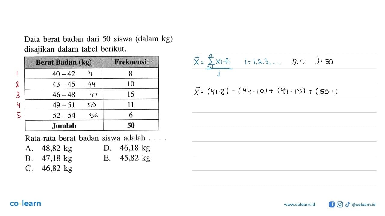 Data berat badan dari 50 siswa (dalam kg) disajikan dalam