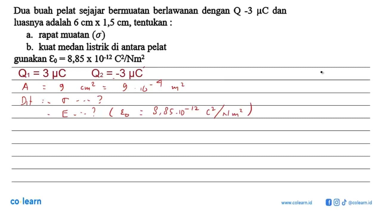 Dua buah pelat sejajar bermuatan berlawanan dengan Q -3