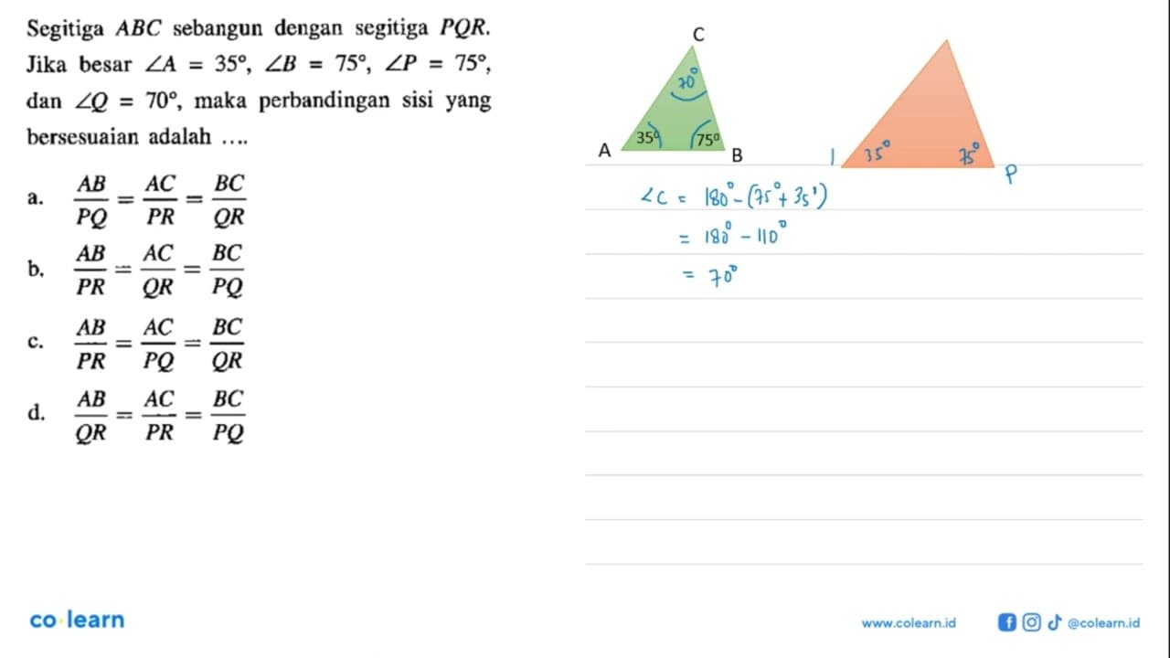 Segitiga ABC sebangun dengan segitiga PQR. Jika besar sudut