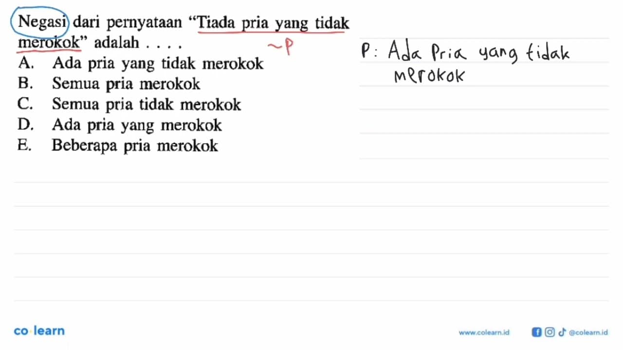 Negasi dari pernyataan "Tiada pria yang tidak merokok"