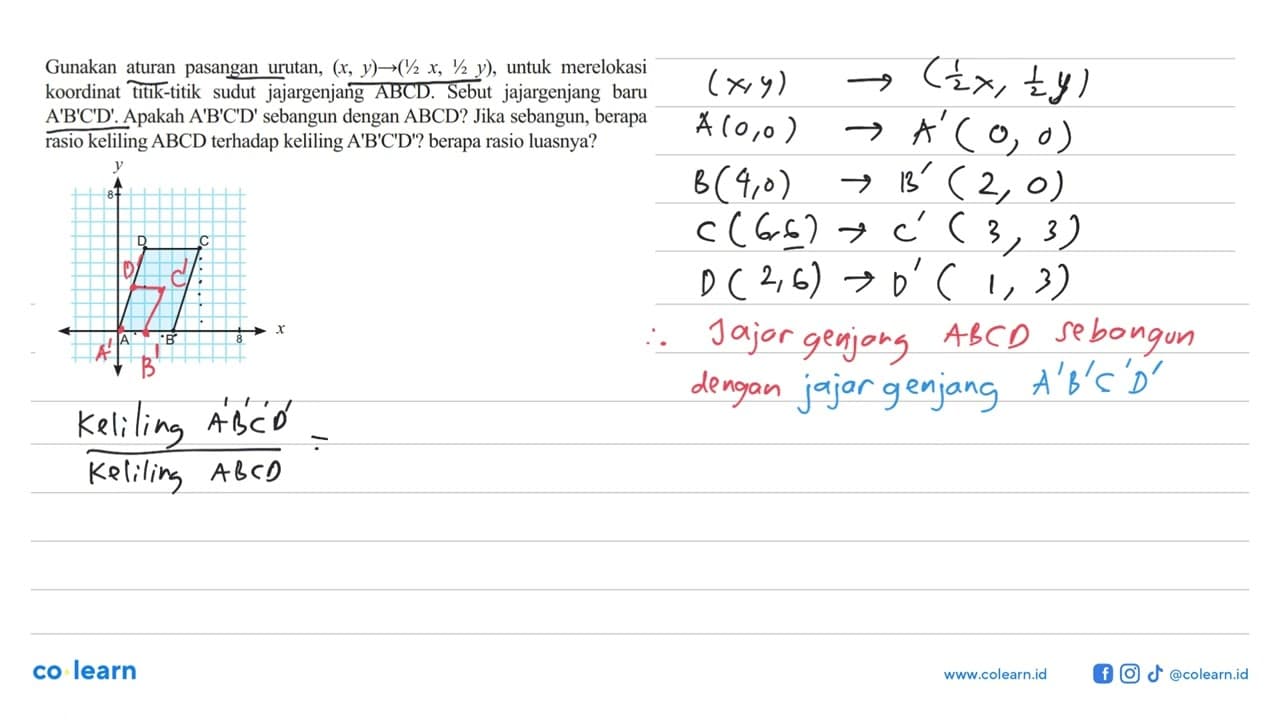 Gunakan aturan pasangan urutan, (x, y) ->(1 / 2 x, 1 / 2 y)