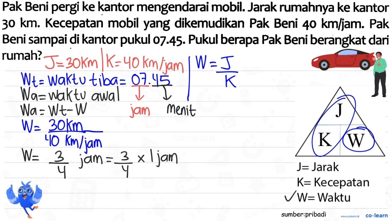 Pak Beni pergi ke kantor mengendarai mobil. Jarak rumahnya