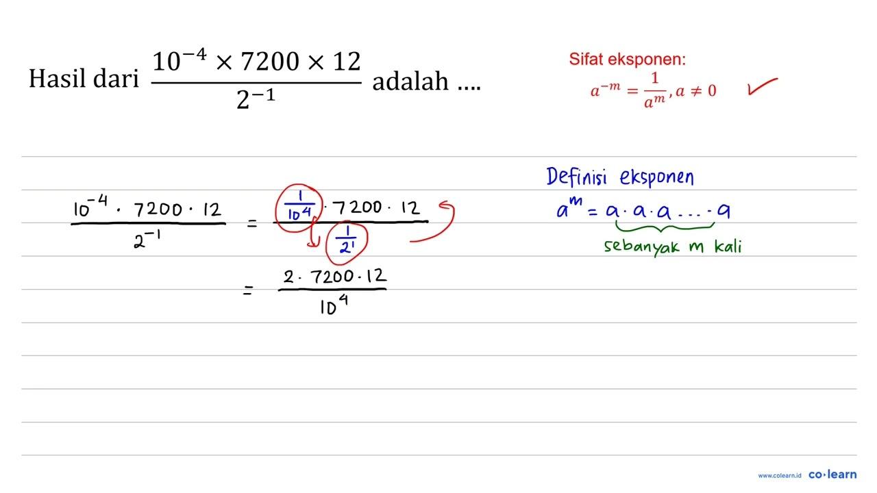 Hasil dari (10^(-4) x 7200 x 12)/(2^(-1)) adalah ....