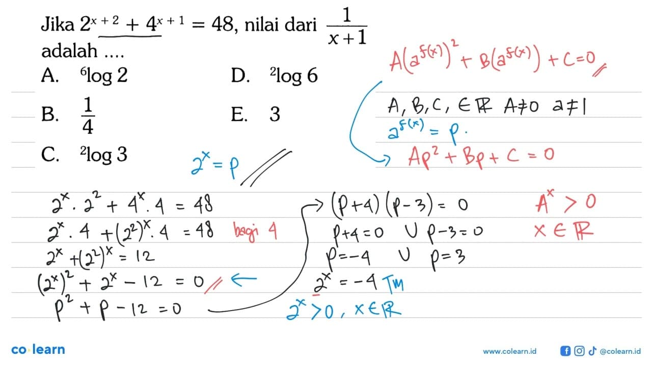 Jika 2^(x+2)+4^(x+1)=48 , nilai dari 1/(x+1) adalah ....