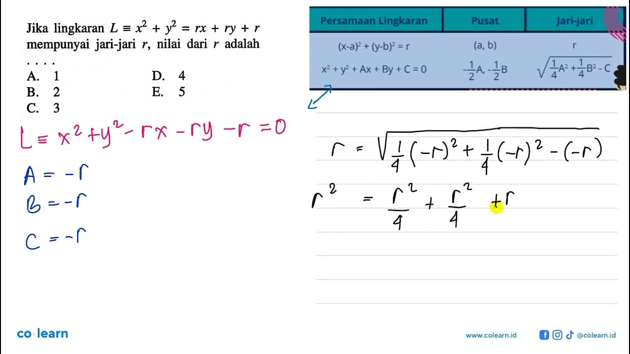 Jika lingkaran L=x^2+y^2=rx+ry+r mempunyai jari-jari r,