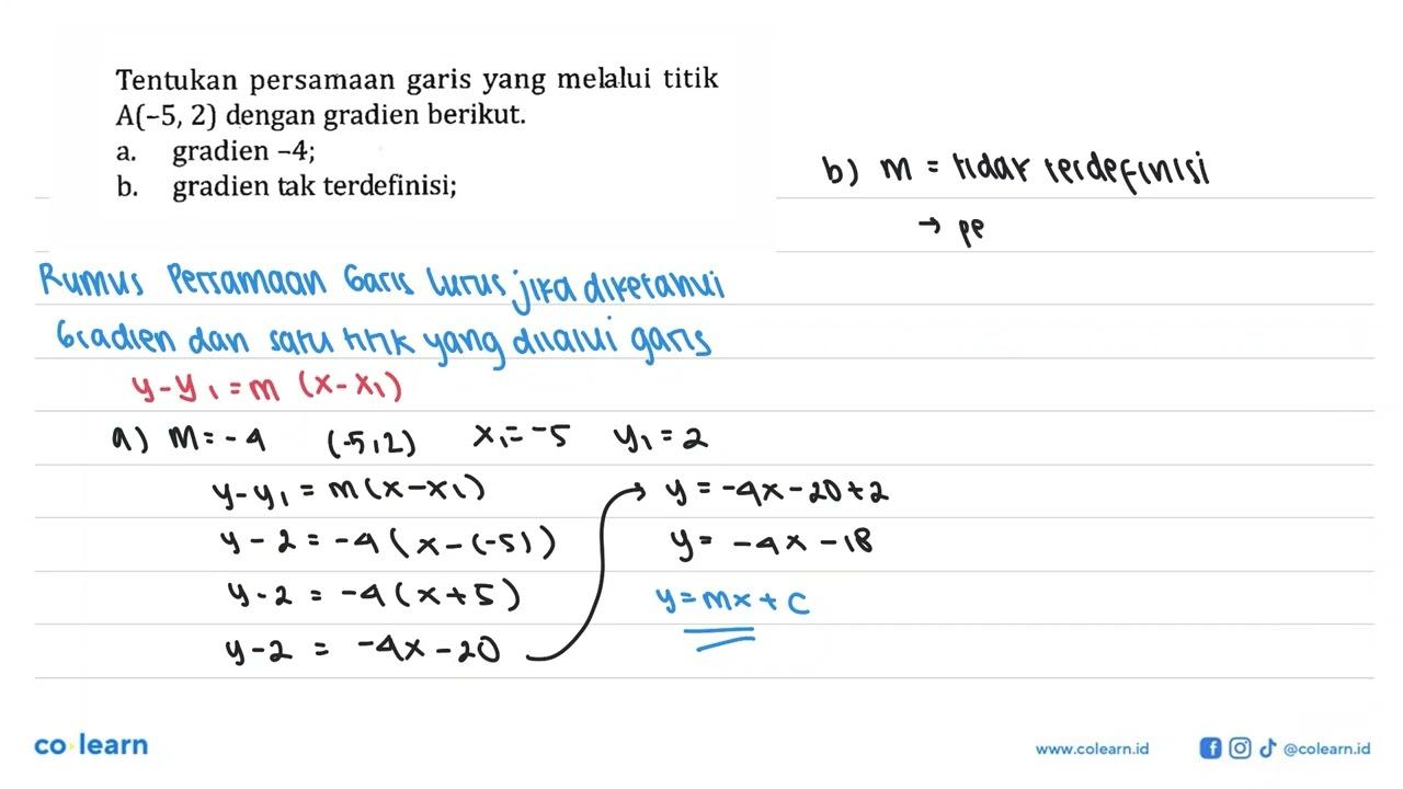 Tentukan persamaan garis yang melalui titik A(-5, 2) dengan