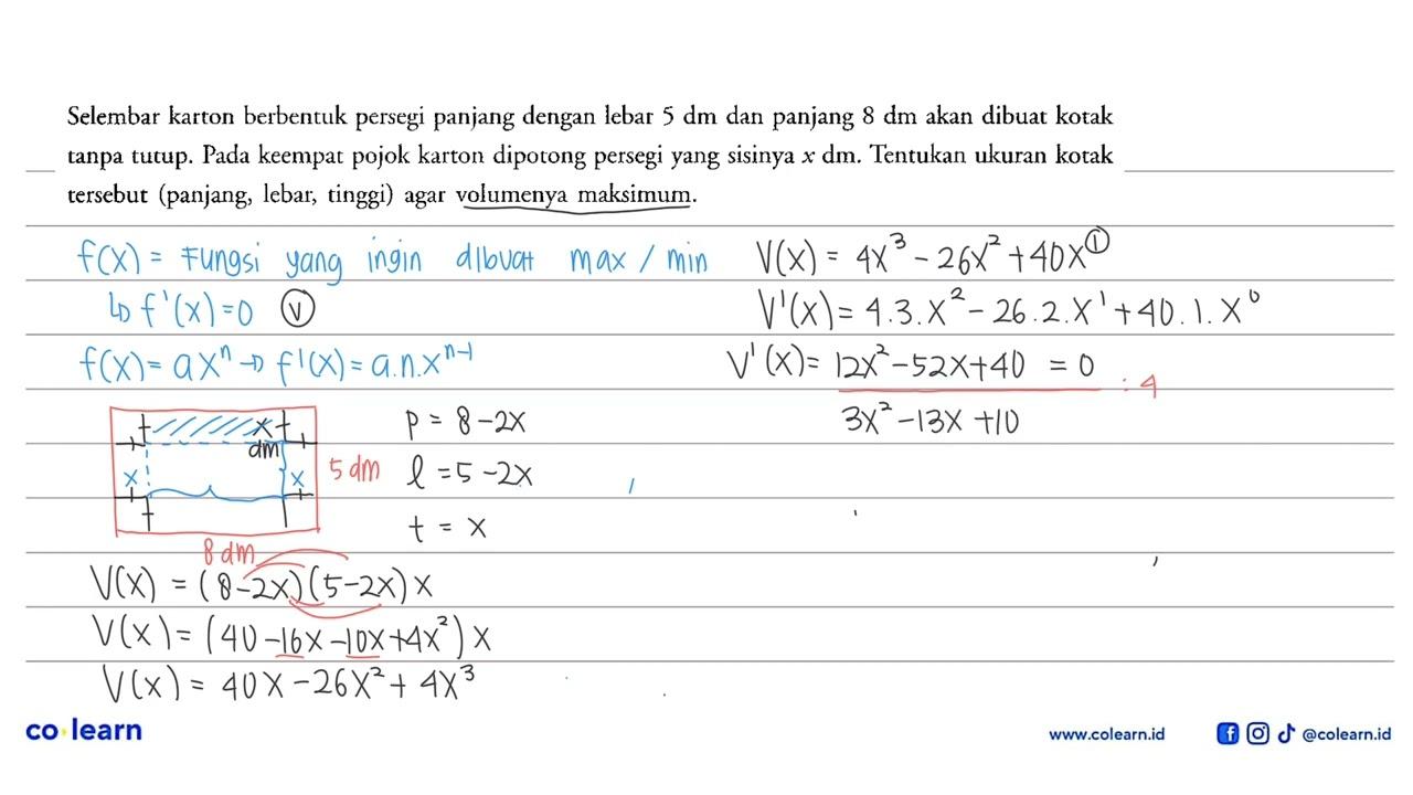 Selembar karton berbentuk persegi panjang dengan lebar 5 dm