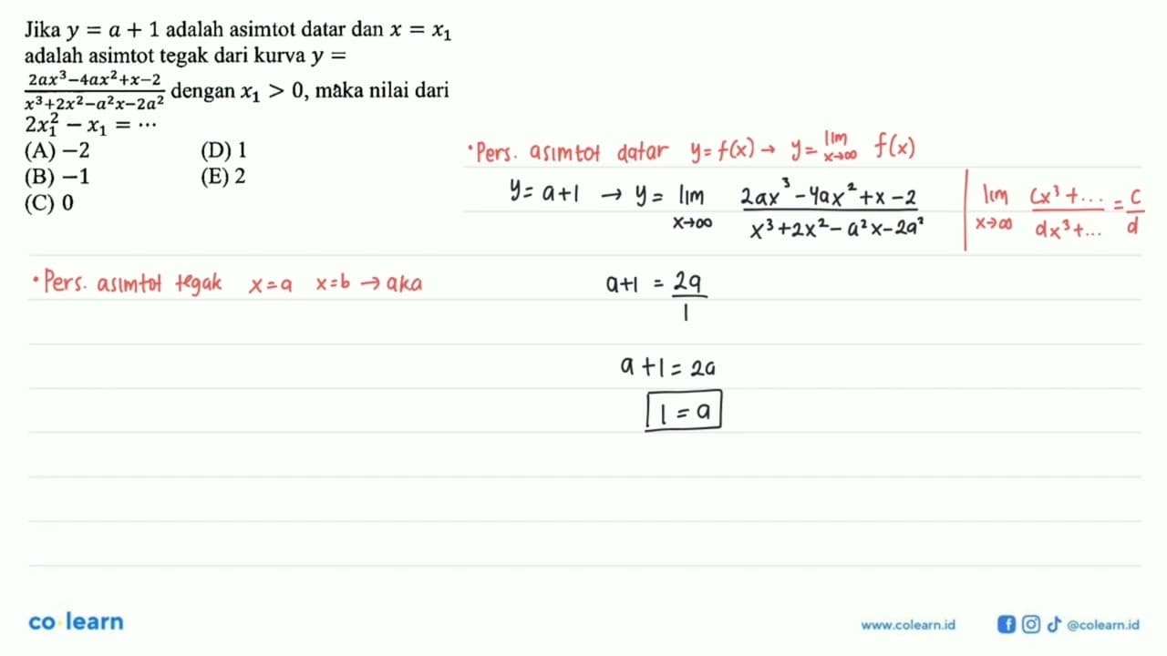 Jika y=a+1 adalah asimtot datar dan x=x1 adalah asimtot