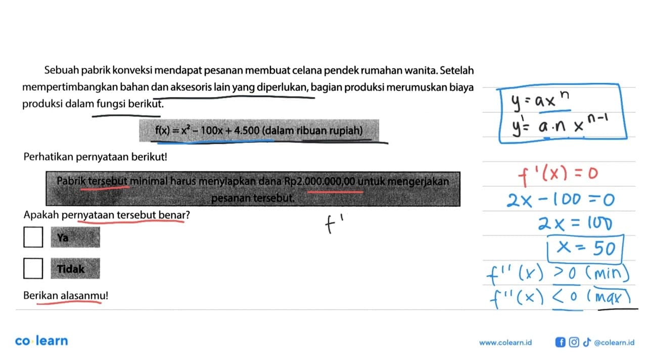 Sebuah pabrik konveksi mendapat pesanan membuat celana