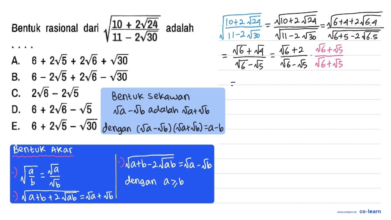 Bentuk rasional dari akar((10 + 2 akar(24))/(11 - 2