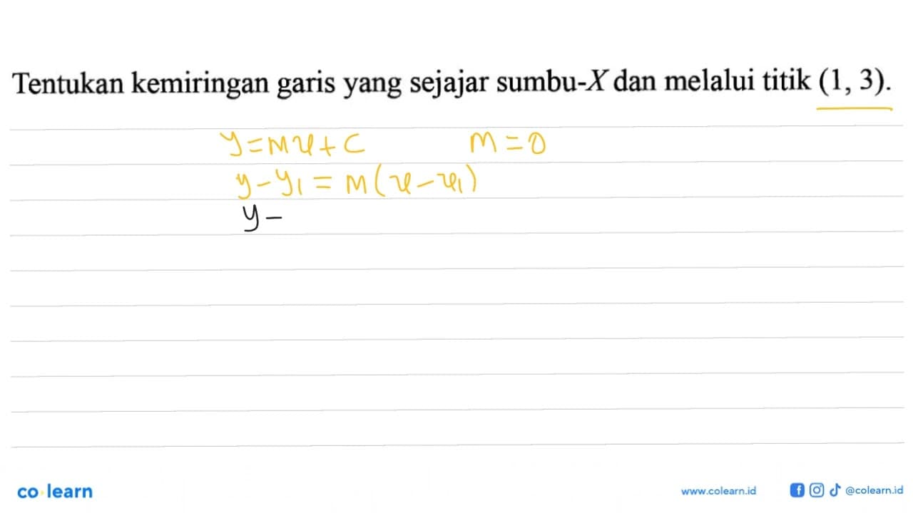 Tentukan kemiringan garis yang sejajar sumbu-X dan melalui