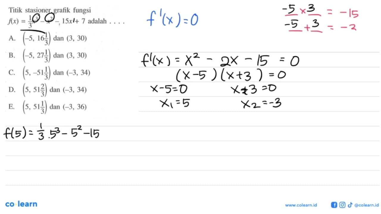 Titik stasioner grafik fungsi f(x)=(1/3)x^3-x^2-15x+7