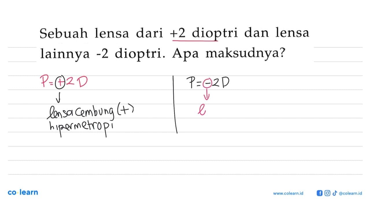 Sebuah lensa dari +2 dioptri dan lensa lainnya -2 dioptri.