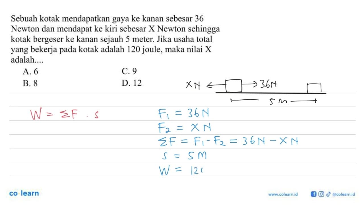 Sebuah kotak mendapatkan gaya ke kanan sebesar 36 Newton
