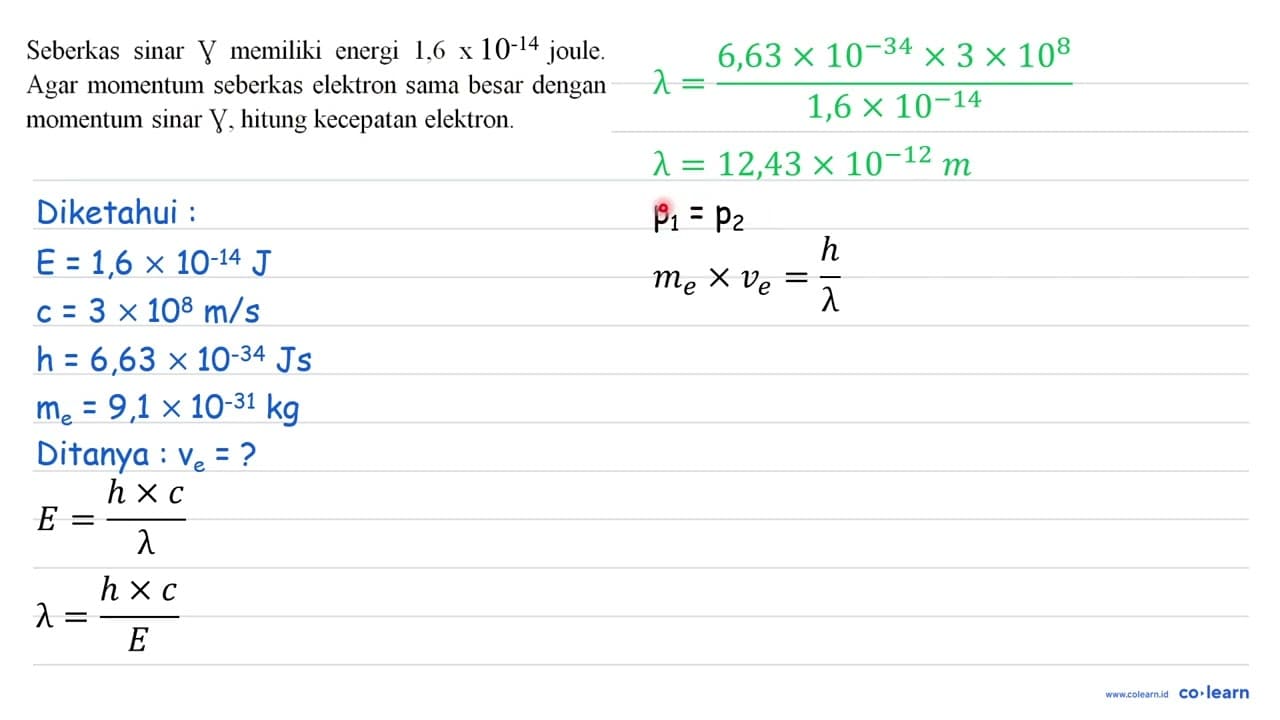 Seberkas sinar gamma memiliki energi 1,6 x 10^(-11) joule.