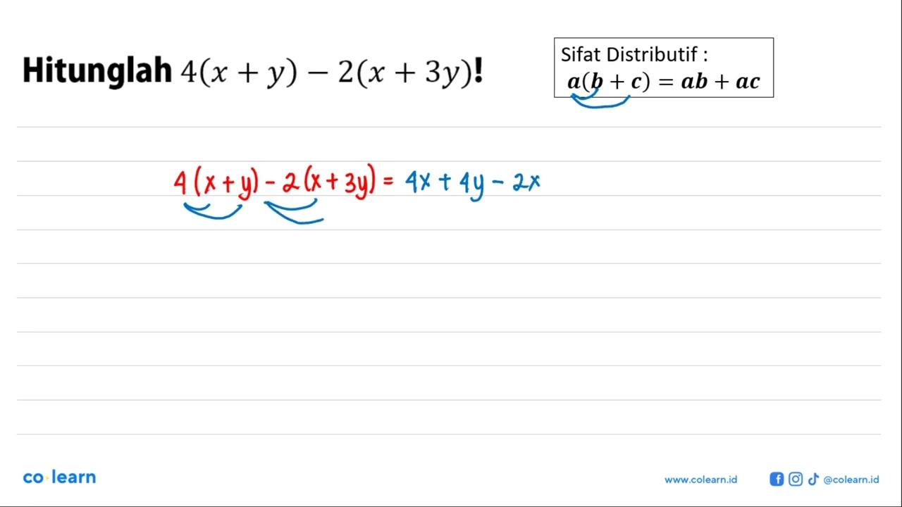 Hitunglah 4(x+y)-2(x+3y)!