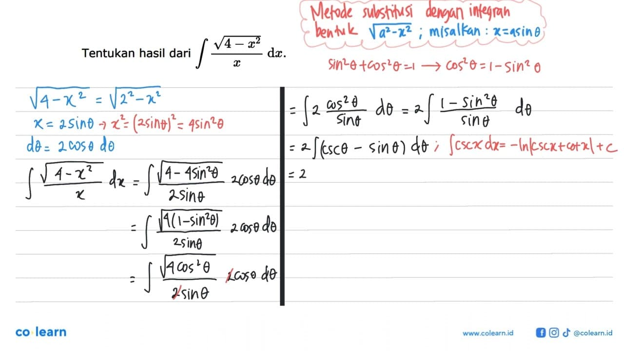 Tentukan hasil dari integral akar(4-x^2)/x dx