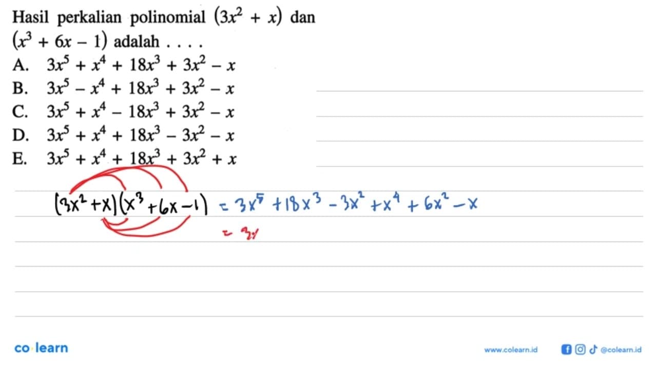Hasil perkalian polinomial (3x^2 + x) dan (x^3 +6x 1)