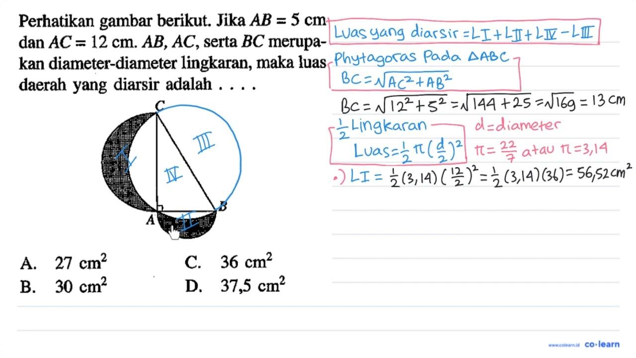 perhatikan gambar berikut. Jika AB=5 cm dan AC=12 cm. AB,