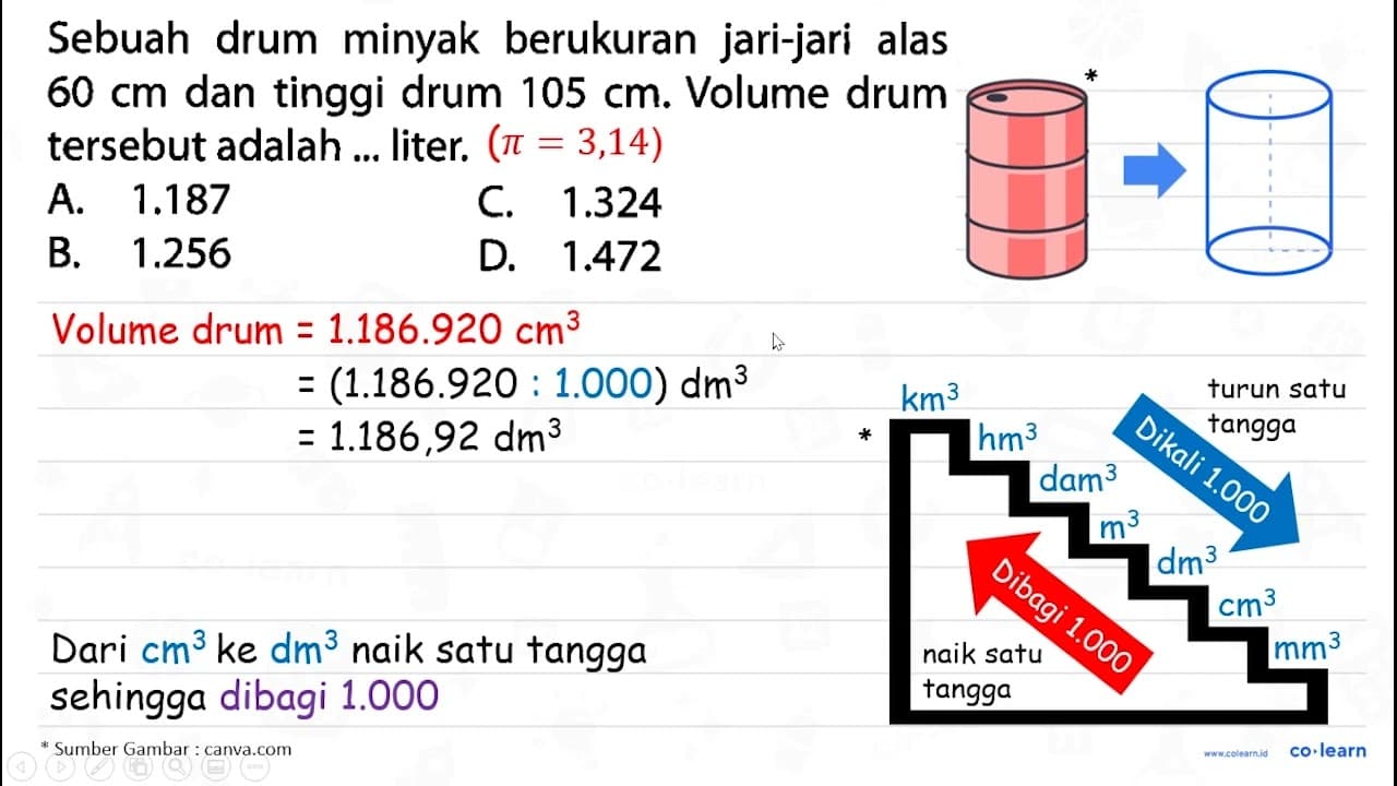 Sebuah drum minyak berukuran jari-jari alas 60 cm dan