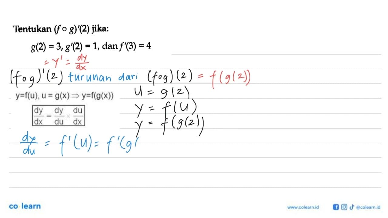 Tentukan (fog)'(2) jika:g(2)=3, g'(2)=1, dan f'(3)=4