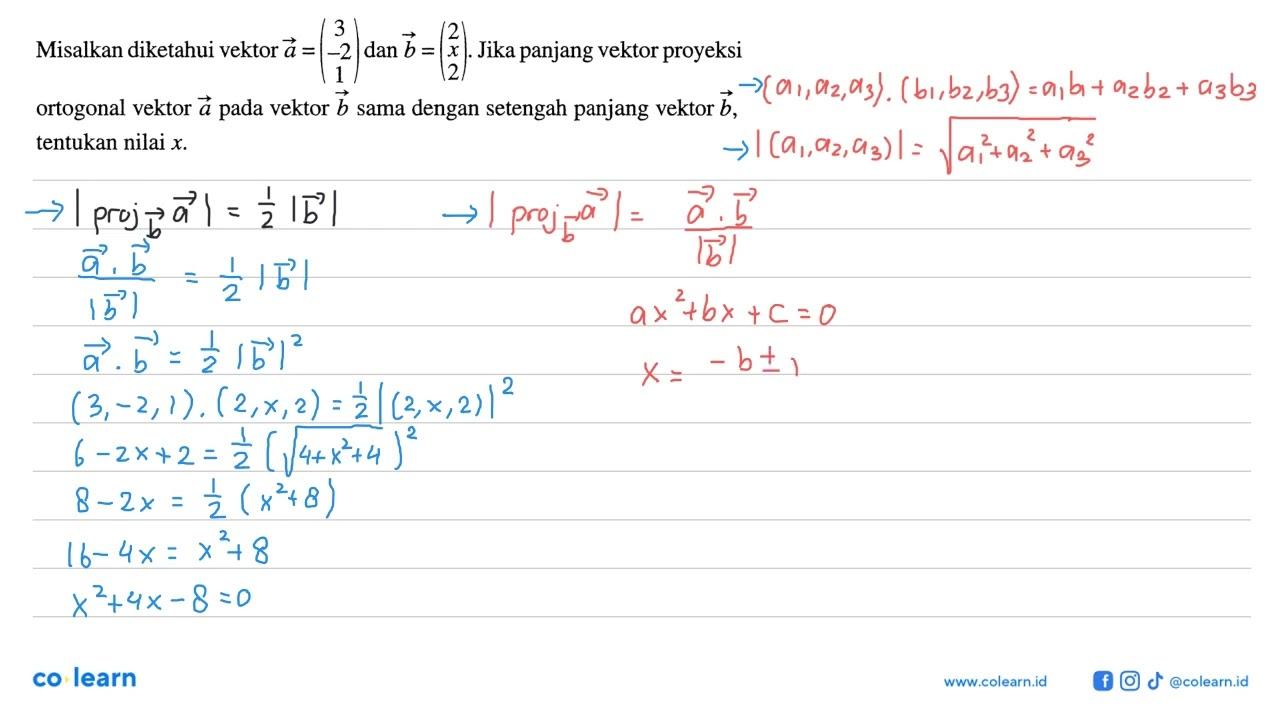 Misalkan diketahui vektor a=(3 -2 1) dan vektor b=(2 2) .