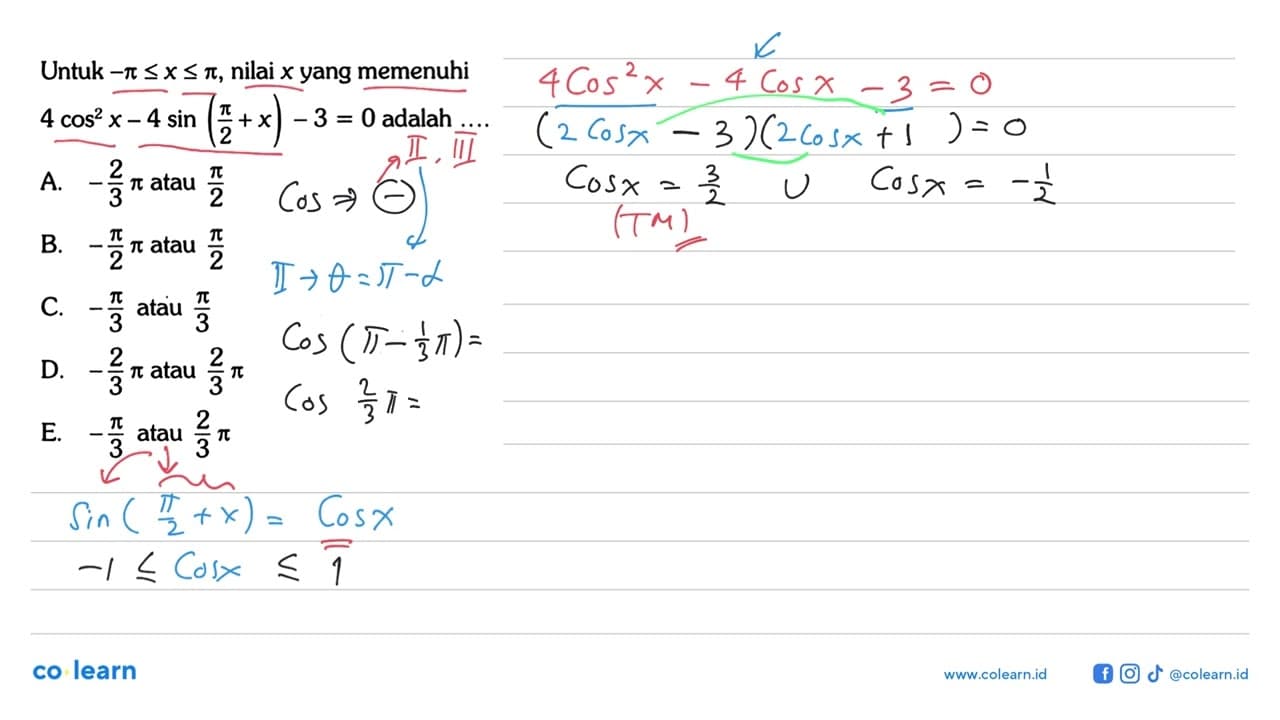 Untuk -pi<=x<=pi, nilai x yang memenuhi 4 cos^2 x - 4