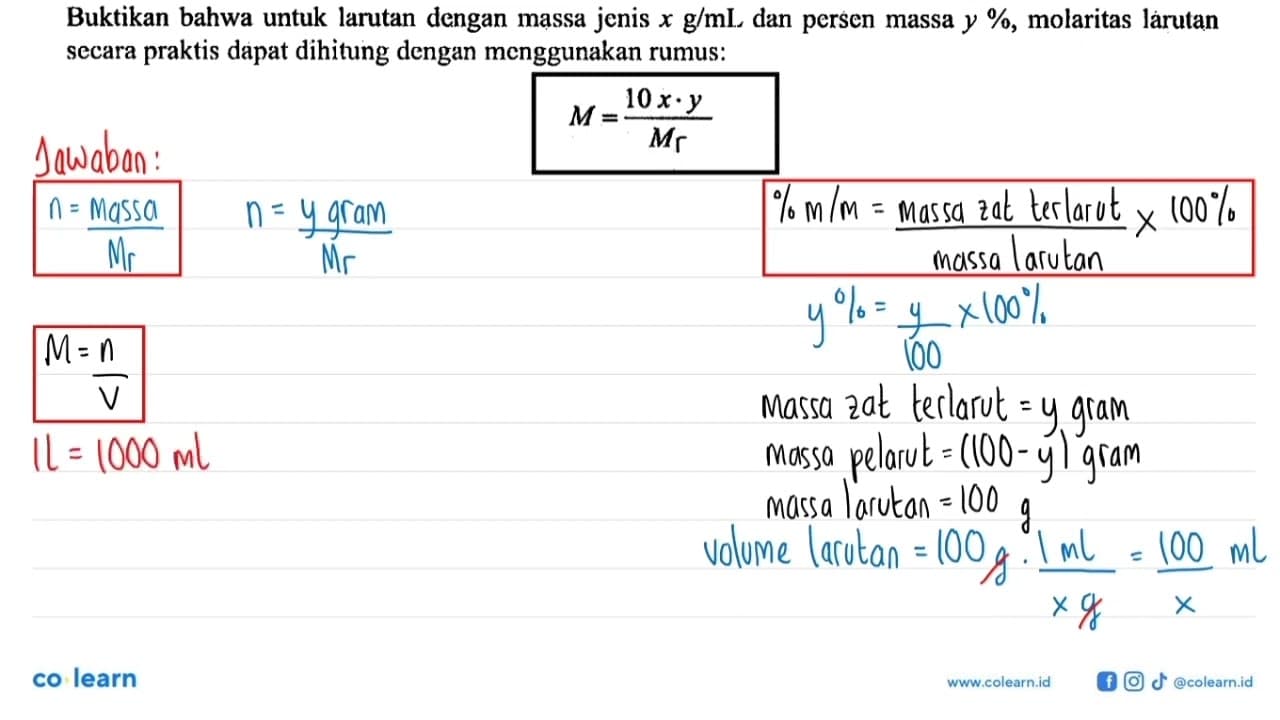 Buktikan bahwa untuk larutan dengan massa jenis x g/mL dan