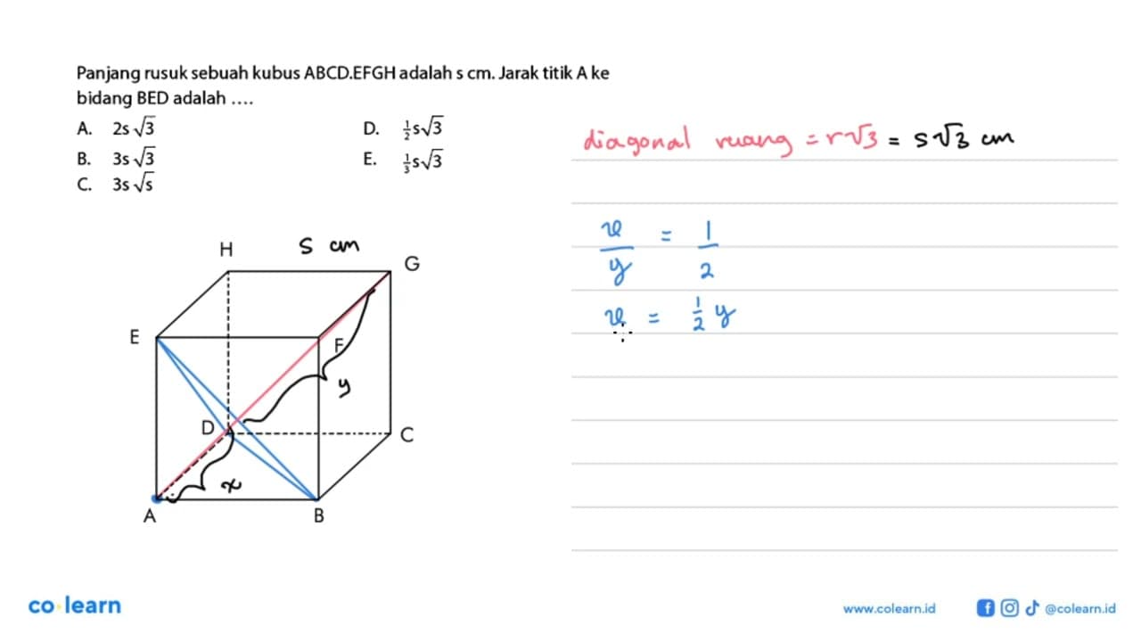 Panjang rusuk sebuah kubus ABCD.EFGHadalah s cm. Jarak