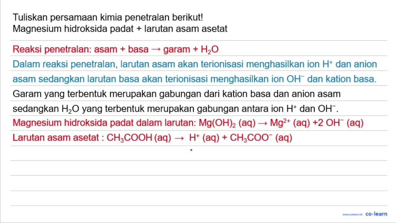 Tuliskan persamaan kimia penetralan berikut! Magnesium
