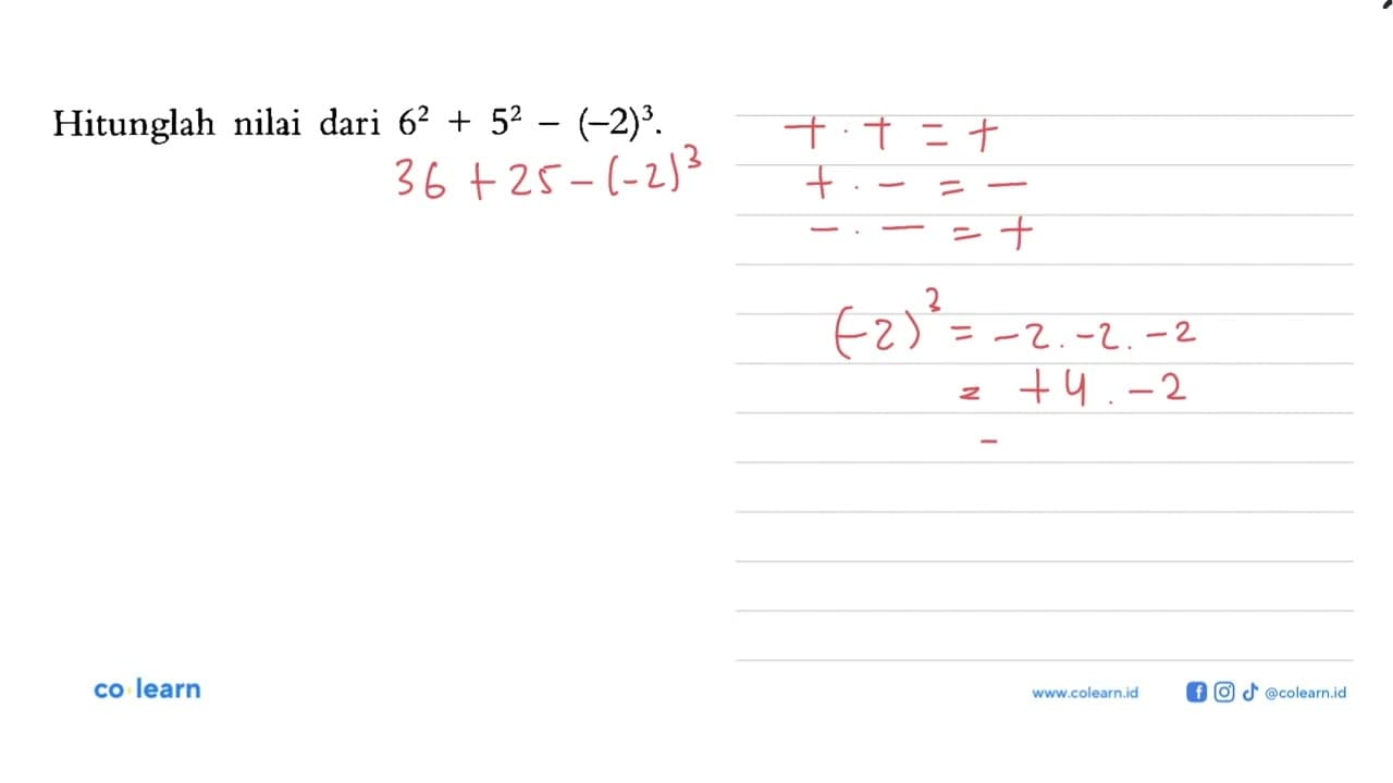 Hitunglah nilai dari 6^2+5^2-(-2)^3