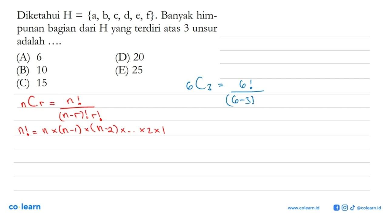 Diketahui H = {a, b, c, d, e, f}. Banyak him-punan bagian