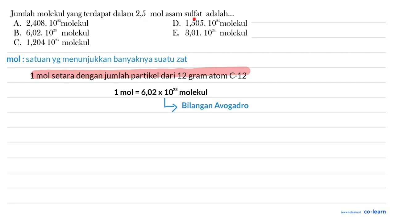 Jumlah molekul yang terdapat dalam 2,5 mol asam sulfat