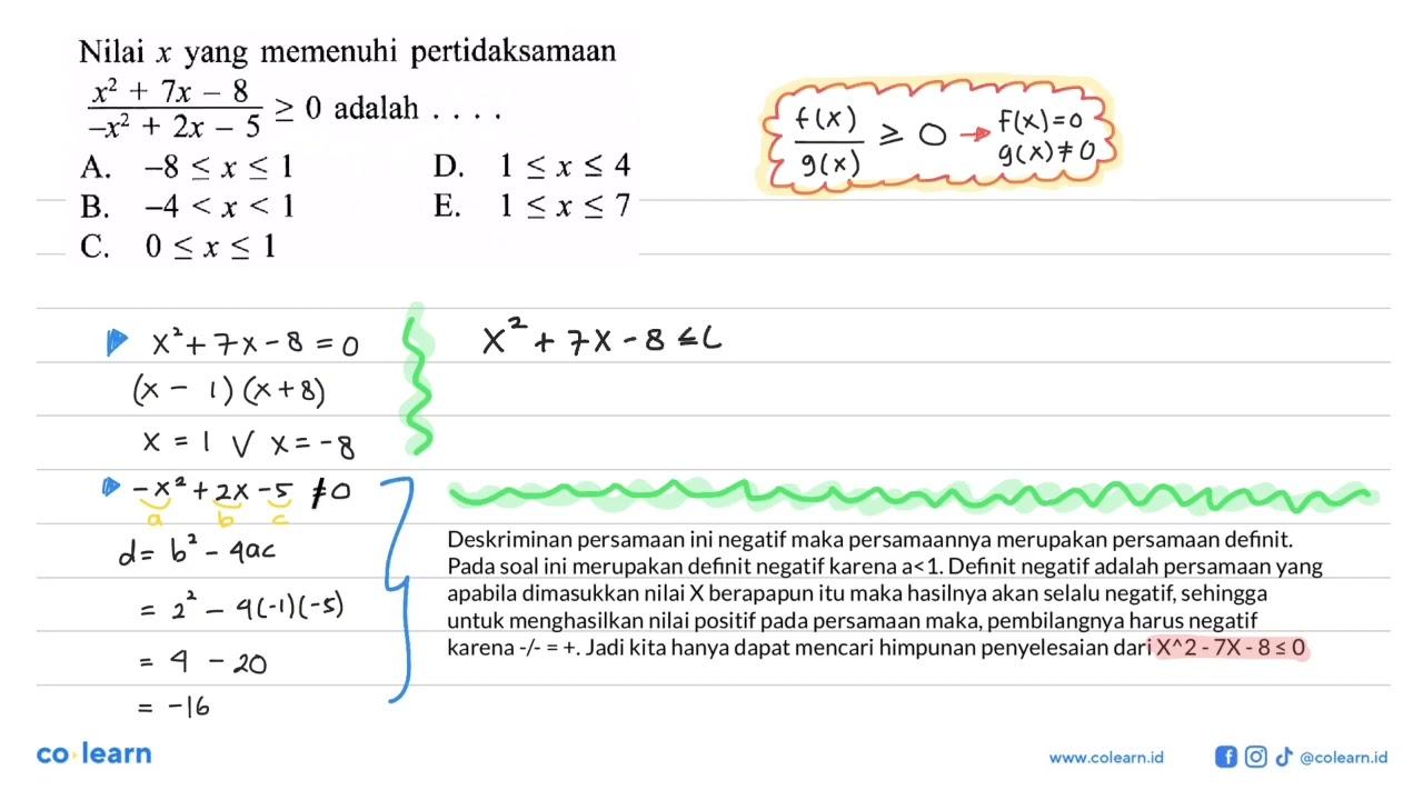 Nilai x yang memenuhi pertidaksamaan (x^2+7 x-8)/(-x^2+2