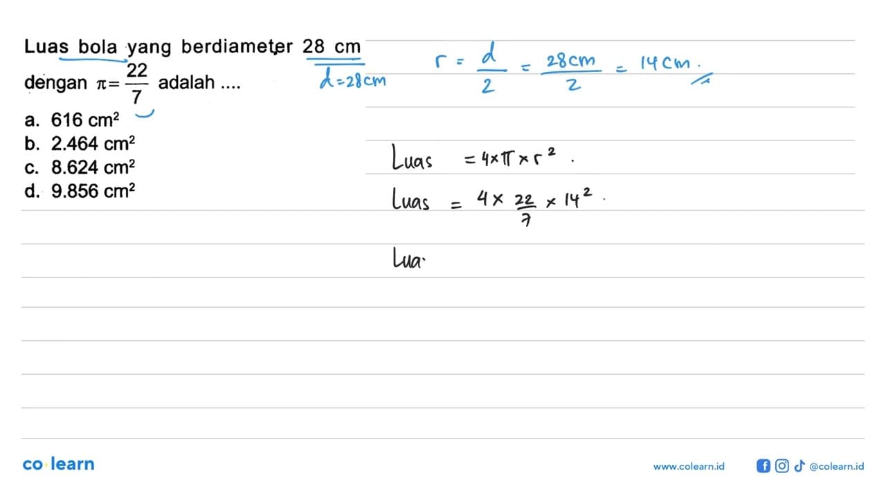 Luas bola yang berdiameter 28 cm dengan pi=22/7 adalah ....