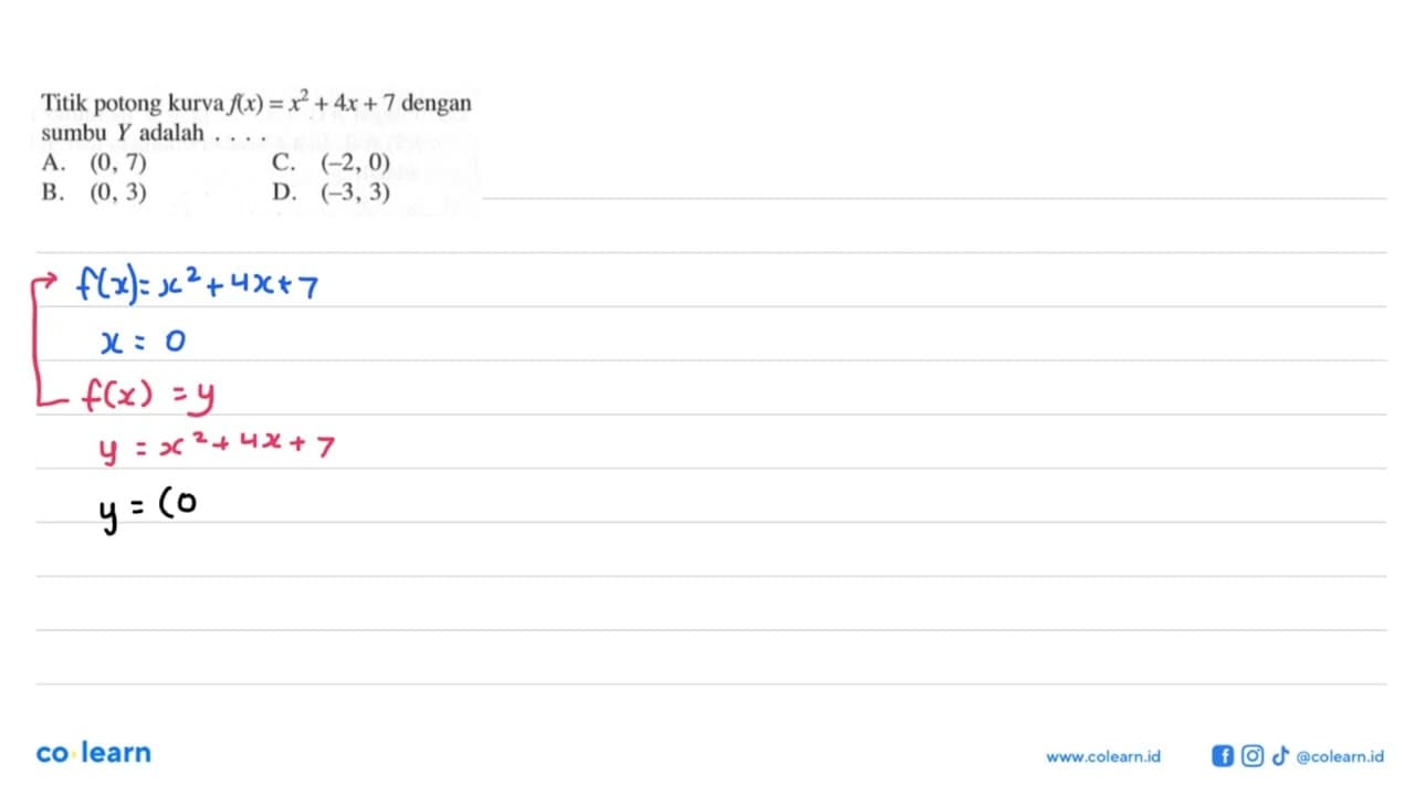 Titik potong kurva f(x) = x^2 + 4x + 7 dengan sumbu Y