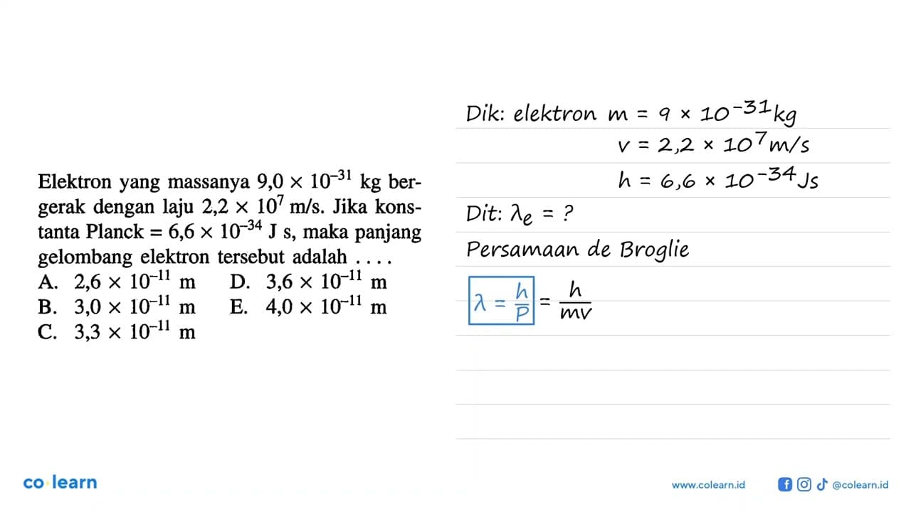 Elektron yang massanya 9,0 x 10^(-31) kg bergerak dengan