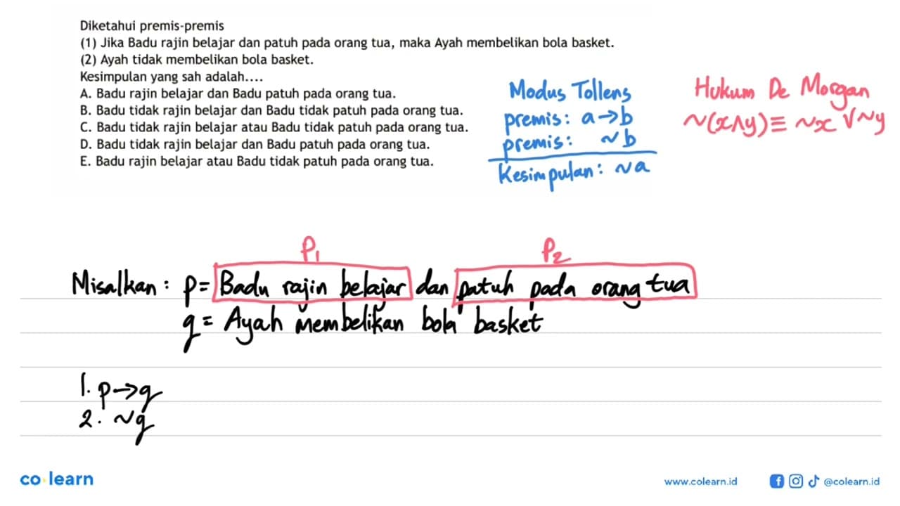 Diketahui premis-premis (1) Jika Badu rajin belajar dan