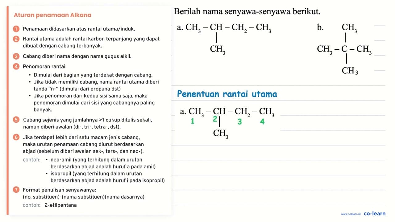 Berilah nama senyawa-senyawa berikut. a. CCC(C)C b.