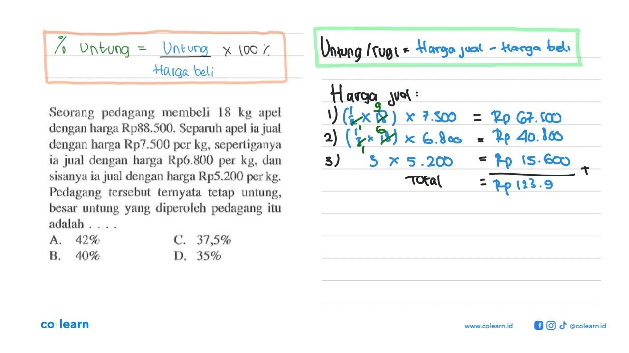 Seorang pedagang membeli 18 kg apel dengan harga Rp88.500.