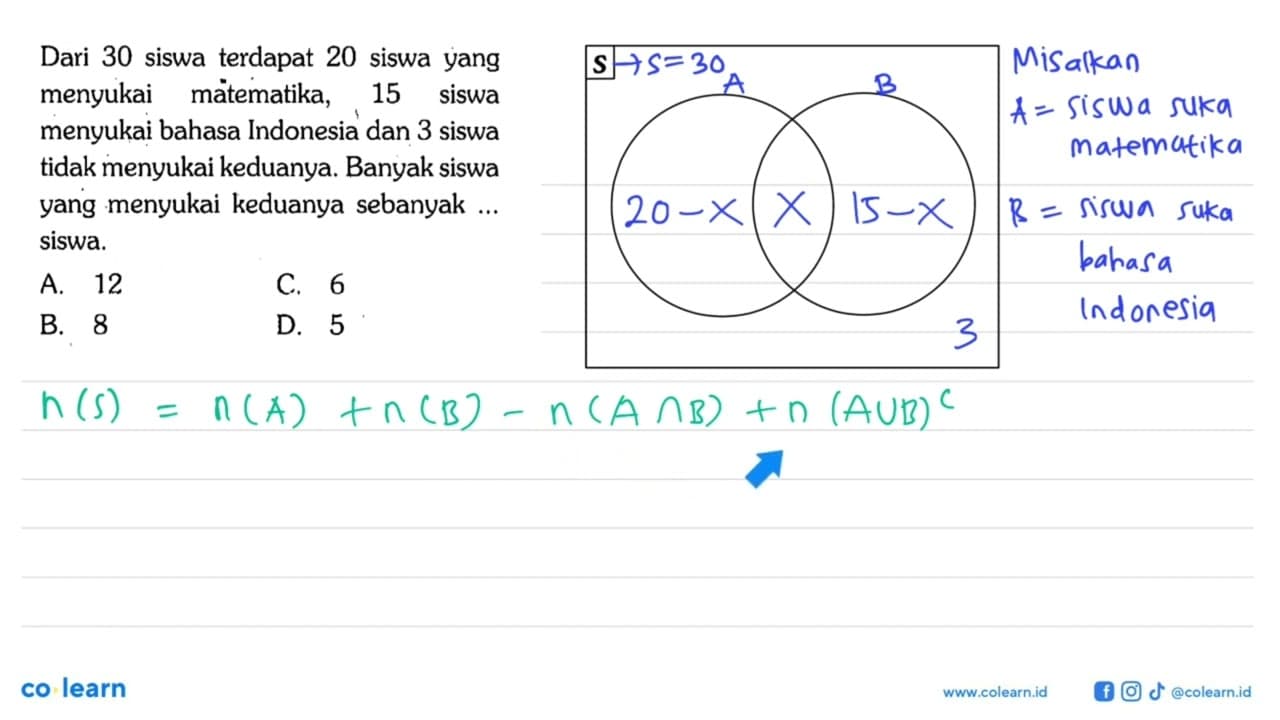 Dari 30 siswa terdapat 20 siswa yang menyukai matematika,