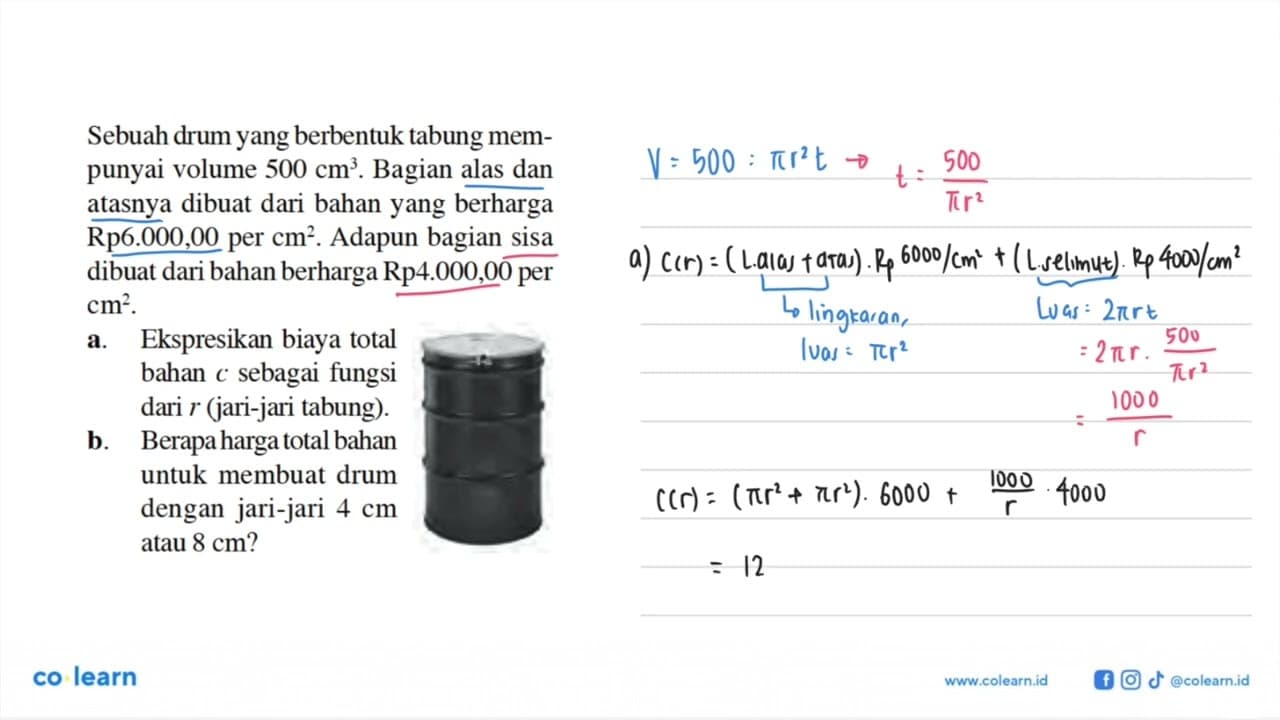 Sebuah drum yang berbentuk tabung mempunyai volume 500