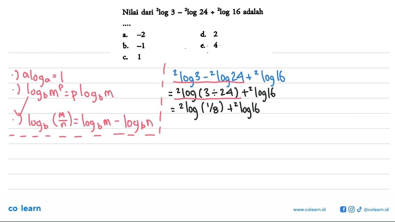 Nilai dari 2log3-2log24+2log16 adalah ....