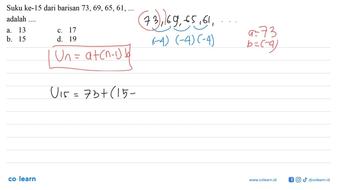 Suku ke-15 dari barisan 73, 69, 65, 61, ... adalah ....