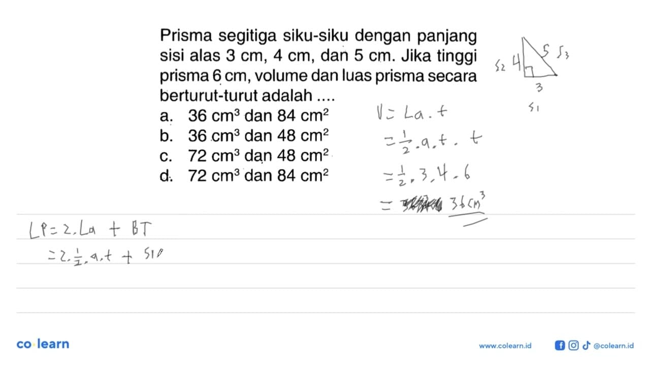 Prisma segitiga siku-siku dengan panjang sisi alas 3 cm, 4