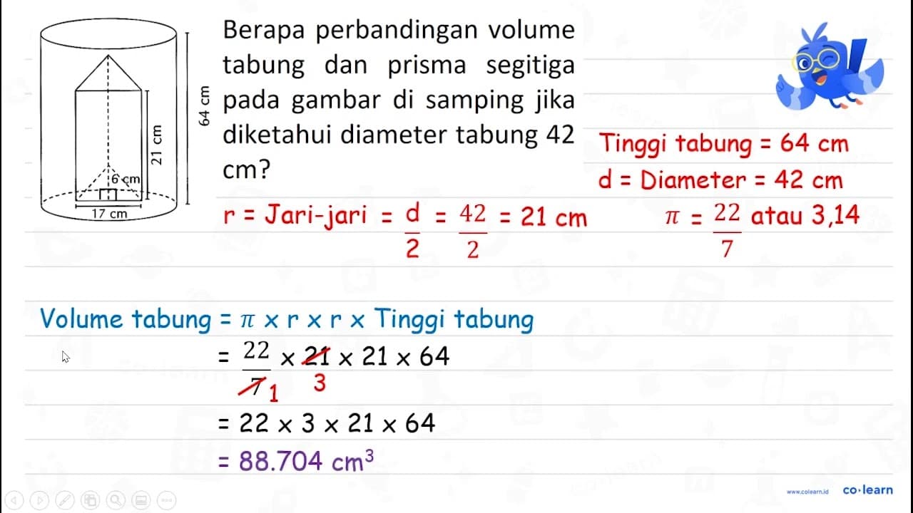 Berapa perbandingan volume tabung dan prisma segitiga pada